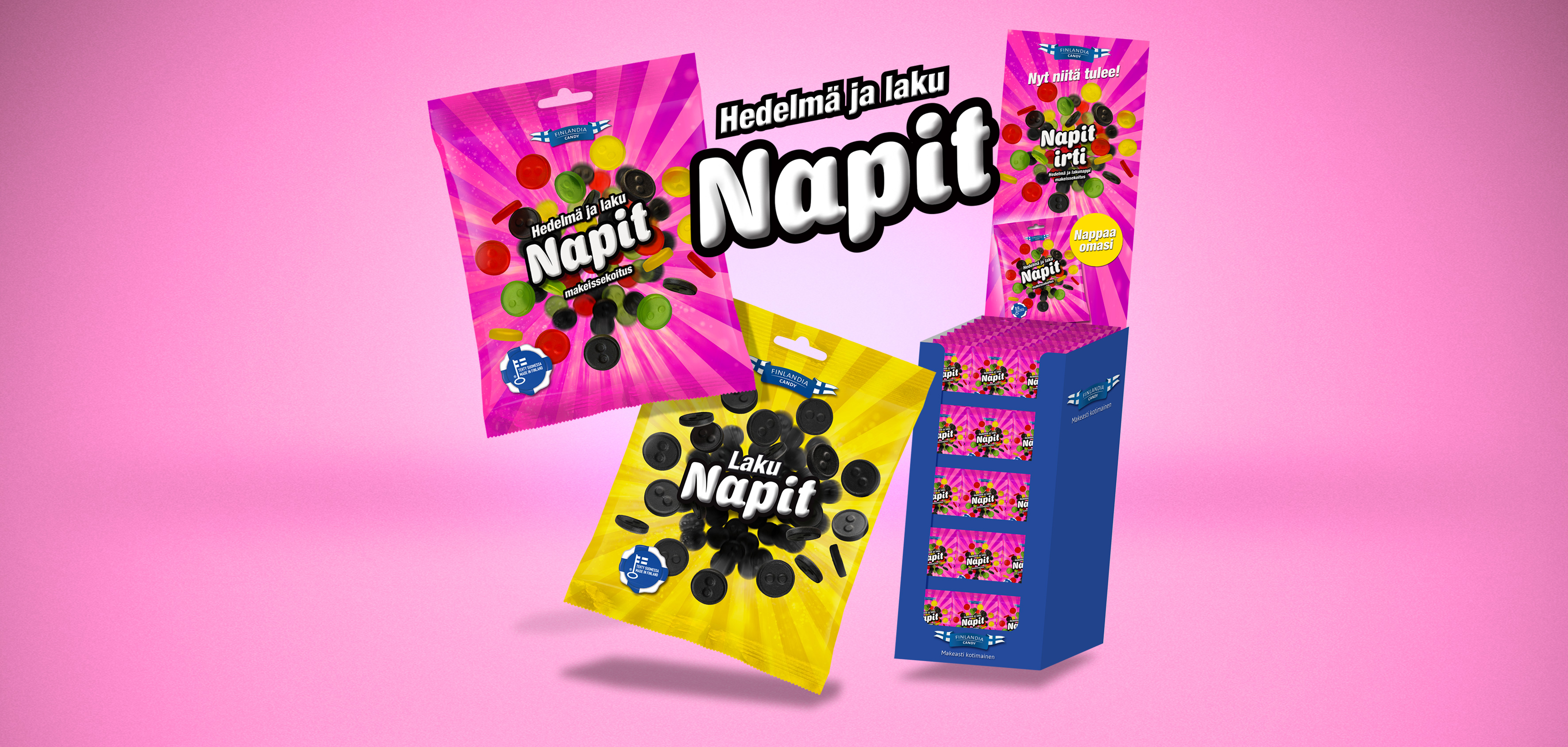 Finnsweet hedelmä ja laku Napit, pakkaukset ja POS-materiaalit