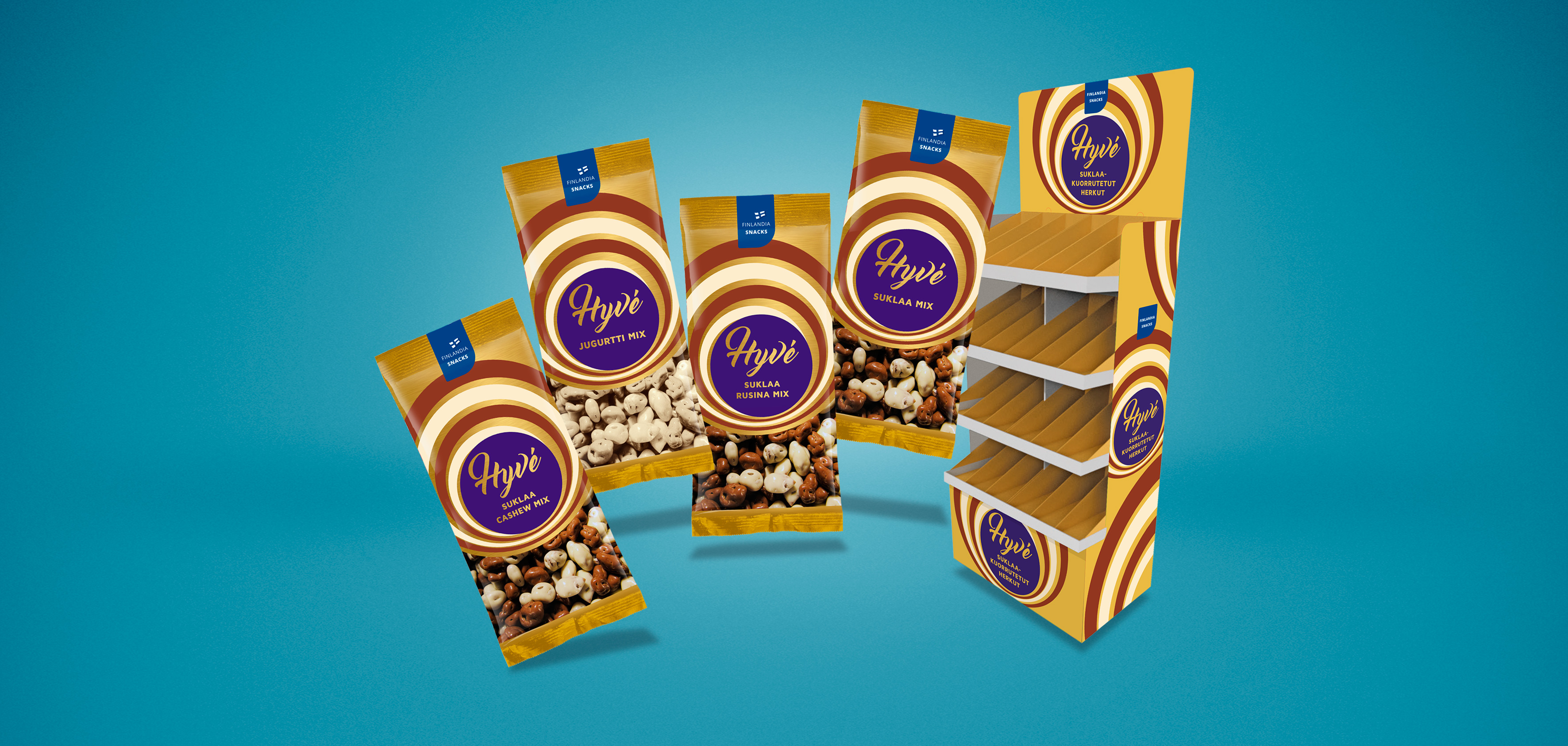Finnsweet Hyvé-pakkaukset ja markkinointimateriaalia