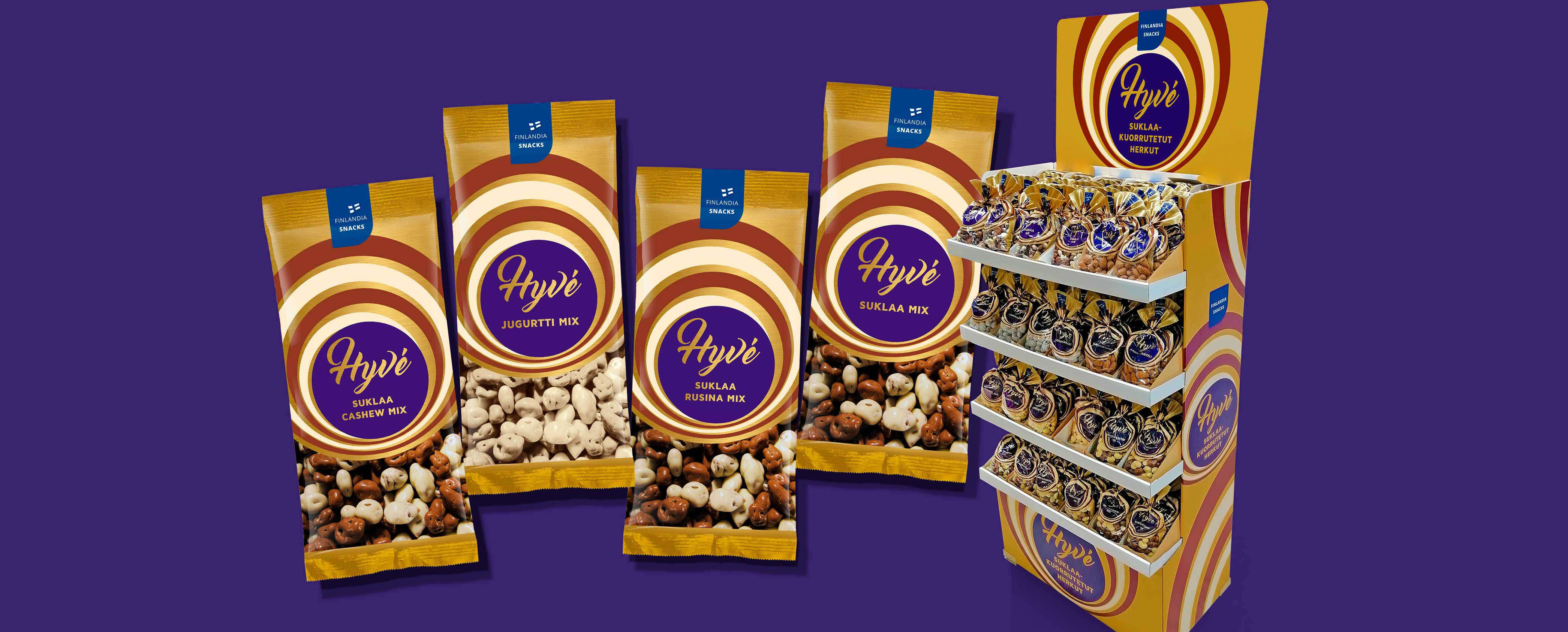 Finnsweet Hyvé-pakkaukset ja markkinointimateriaalia